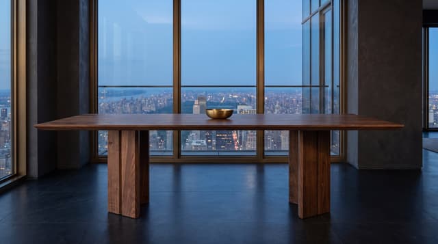 The Vekt Walnut Dining Table in alone before a bronze-framed window wall, the city at blue dusk