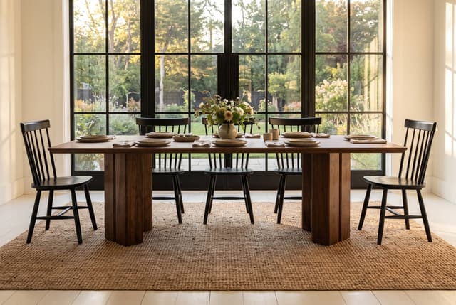 The Vekt Walnut Dining Table in a modern farmhouse dining room, steel windows onto the garden, laid for dinner