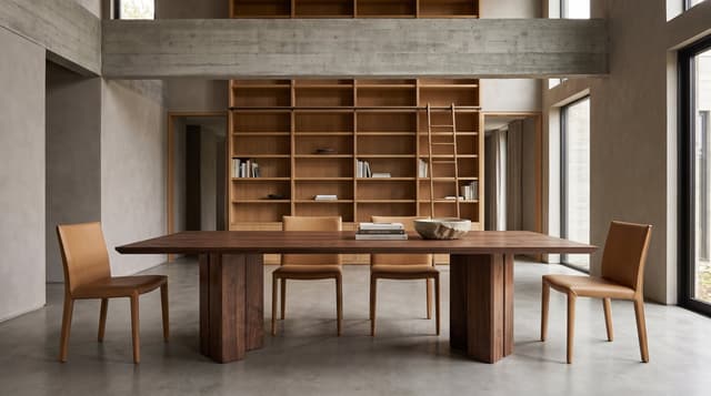 The Vekt Walnut Dining Table in a double-height room, a wall of oak bookshelves, camel leather chairs