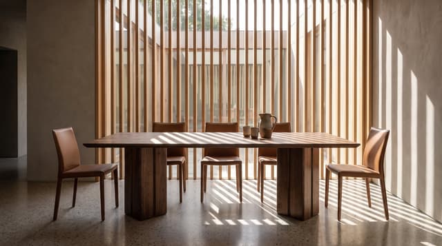The Vekt Walnut Dining Table in a courtyard room, morning sun through oak slats, tobacco leather chairs