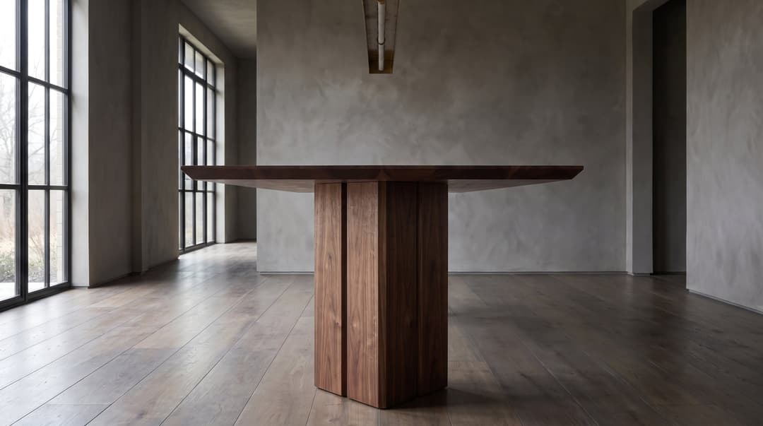 Vekt Walnut Dining Table, head-on and minimal, the faceted column front and center