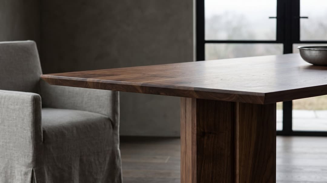 Vekt Walnut Dining Table, the chamfer and a faceted column, close