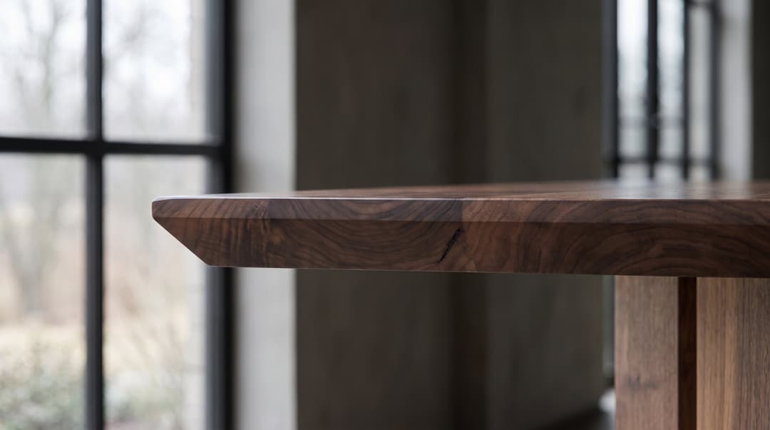 Vekt Walnut Dining Table, the knife-edge chamfer, macro